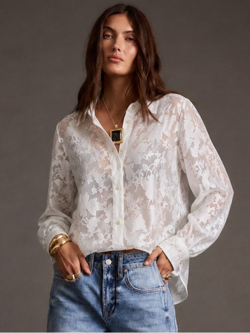 GAP White Sheer Floral Cropped Button-Down Shirt